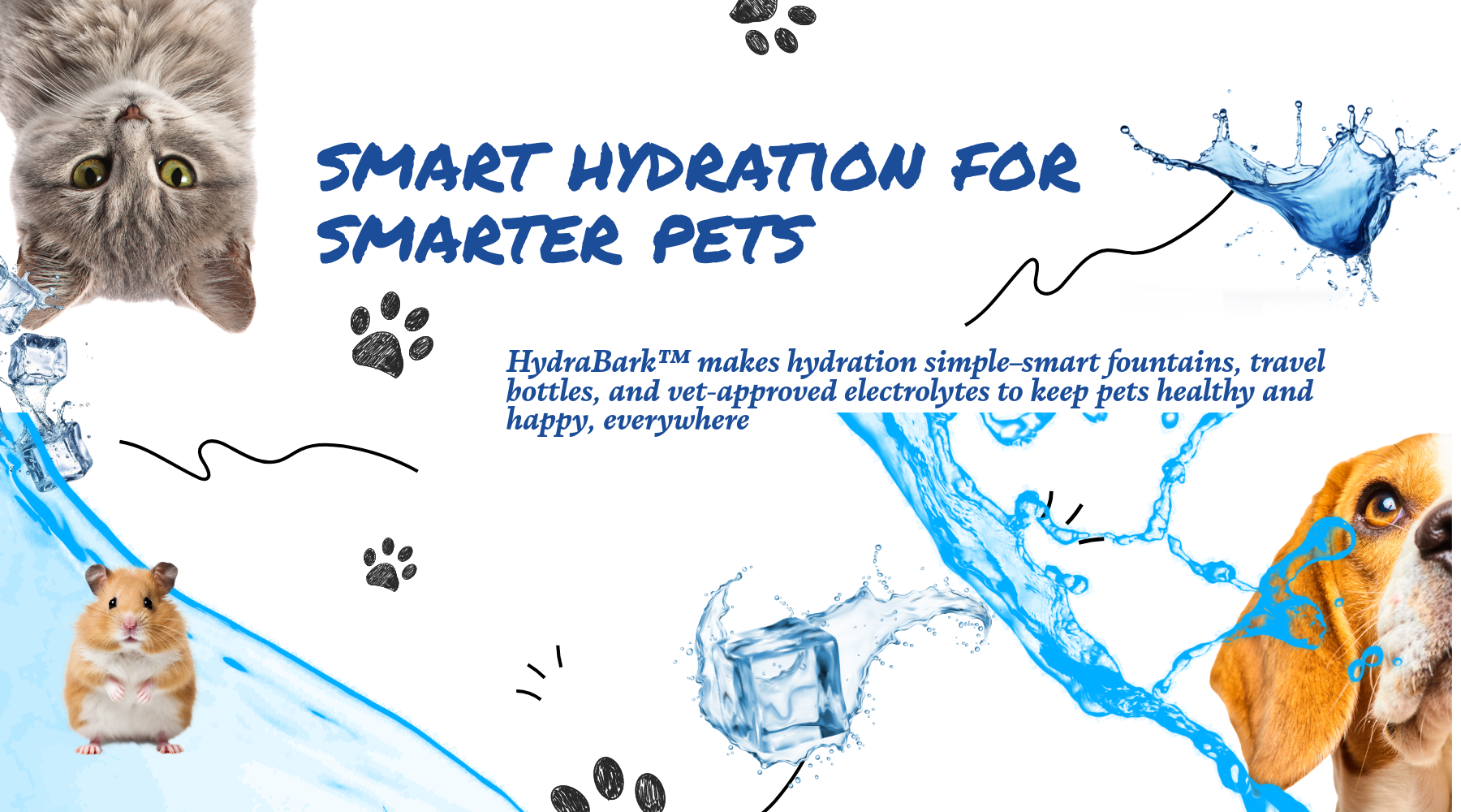 Advertisement for smart hydration products for pets with images of a cat, dog, and hamster.